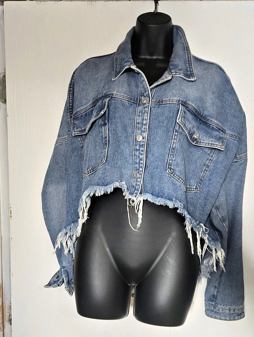 BBJ Los Angeles Cropped Fringe Denim Jacket Size Small Like New